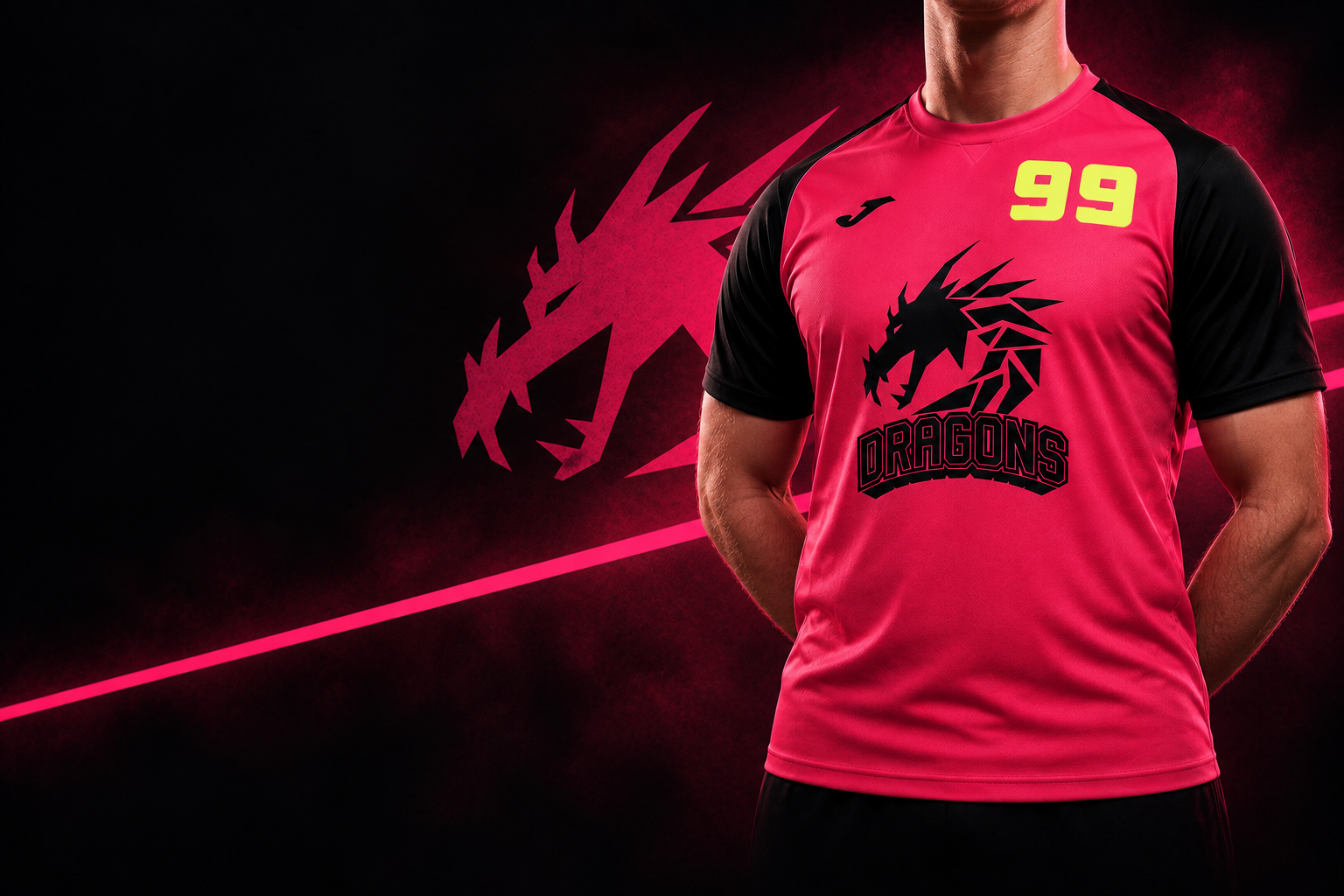 Hráč v ružovo-čiernom drese Dragons s číslom 99